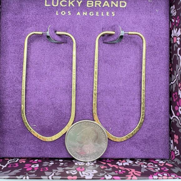 Lucky Brand Hammered Long Gold Tone Brutalist Hoop Earrings New In Box - Picture 4 of 9